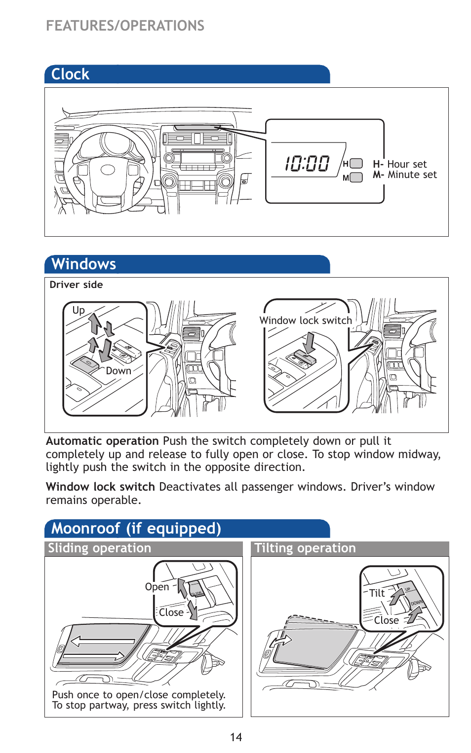 Lig clock, Windows, Moonroof (if equipped) | Features/operations | TOYOTA 2011 4Runner User Manual | Page 44 / 697