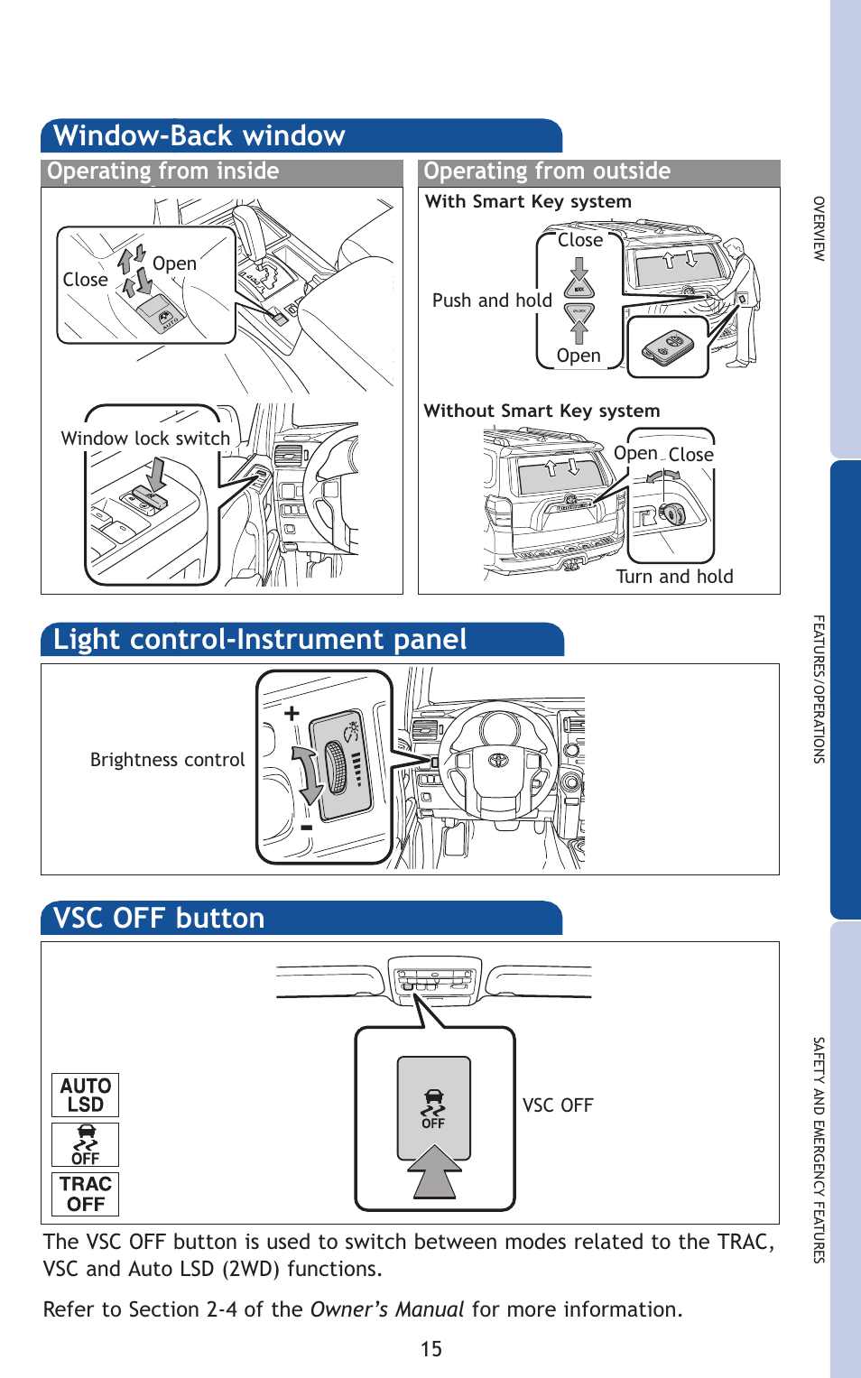 Light control-instrument panel, Window-back window, Vsc off button | Operating from inside, Operating from outside | TOYOTA 2011 4Runner User Manual | Page 45 / 697