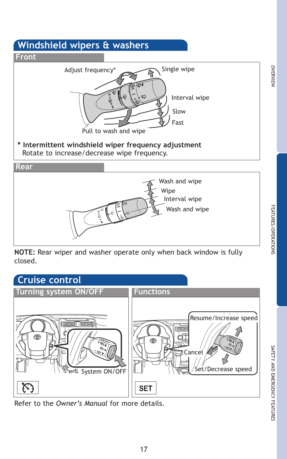 Windshield wipers & washers, Cruise control, Rear front | Turning system on/off functions | TOYOTA 2011 4Runner User Manual | Page 47 / 697