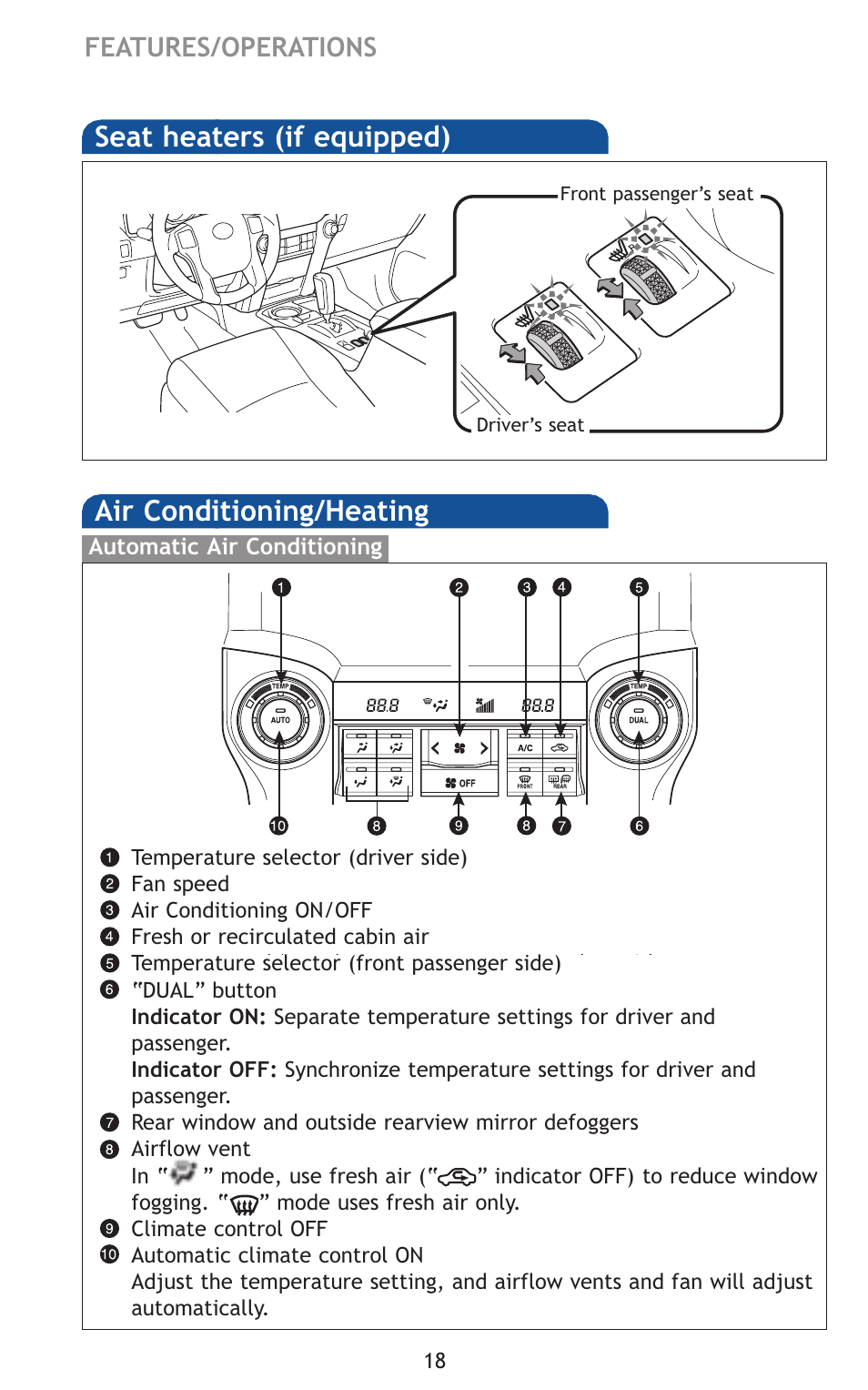 Air conditioning/heating, Seat heaters (if equipped), Features/operations | TOYOTA 2011 4Runner User Manual | Page 48 / 697