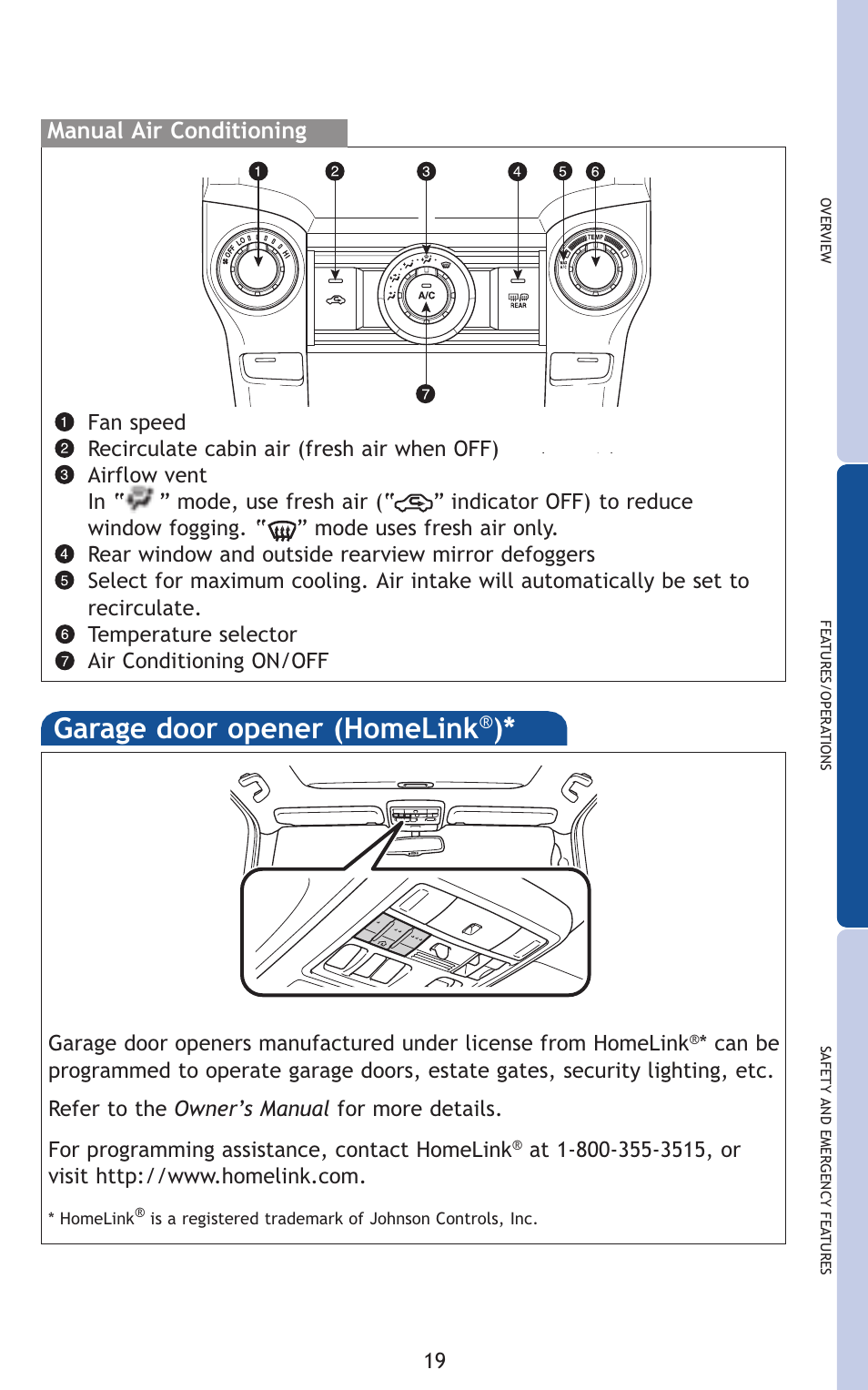 Garage door opener (homelink, Manual air conditioning | TOYOTA 2011 4Runner User Manual | Page 49 / 697