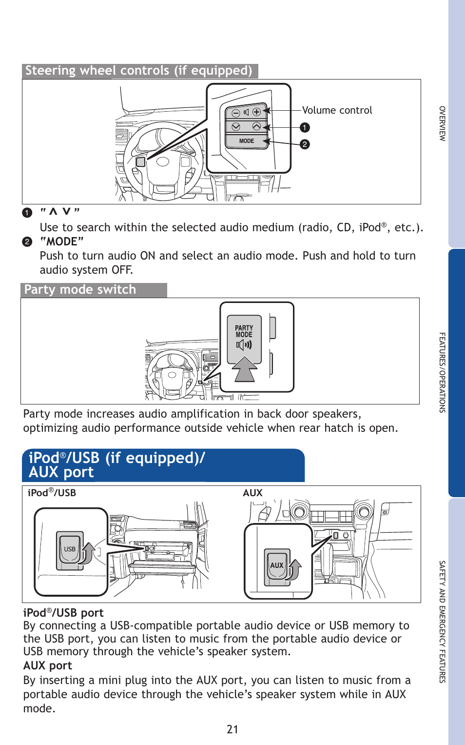 Ipod, Usb (if equipped)/ aux port, Steering wheel controls (if equipped) | Party mode switch | TOYOTA 2011 4Runner User Manual | Page 51 / 697