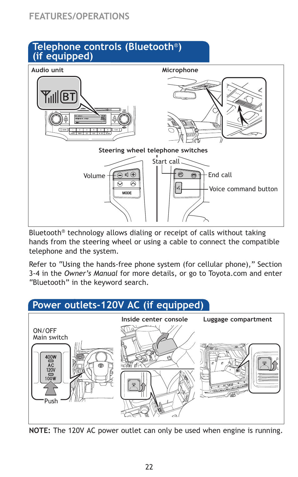 Telephone controls (bluetooth, If equipped), Power outlets-120v ac (if equipped) | Features/operations | TOYOTA 2011 4Runner User Manual | Page 52 / 697