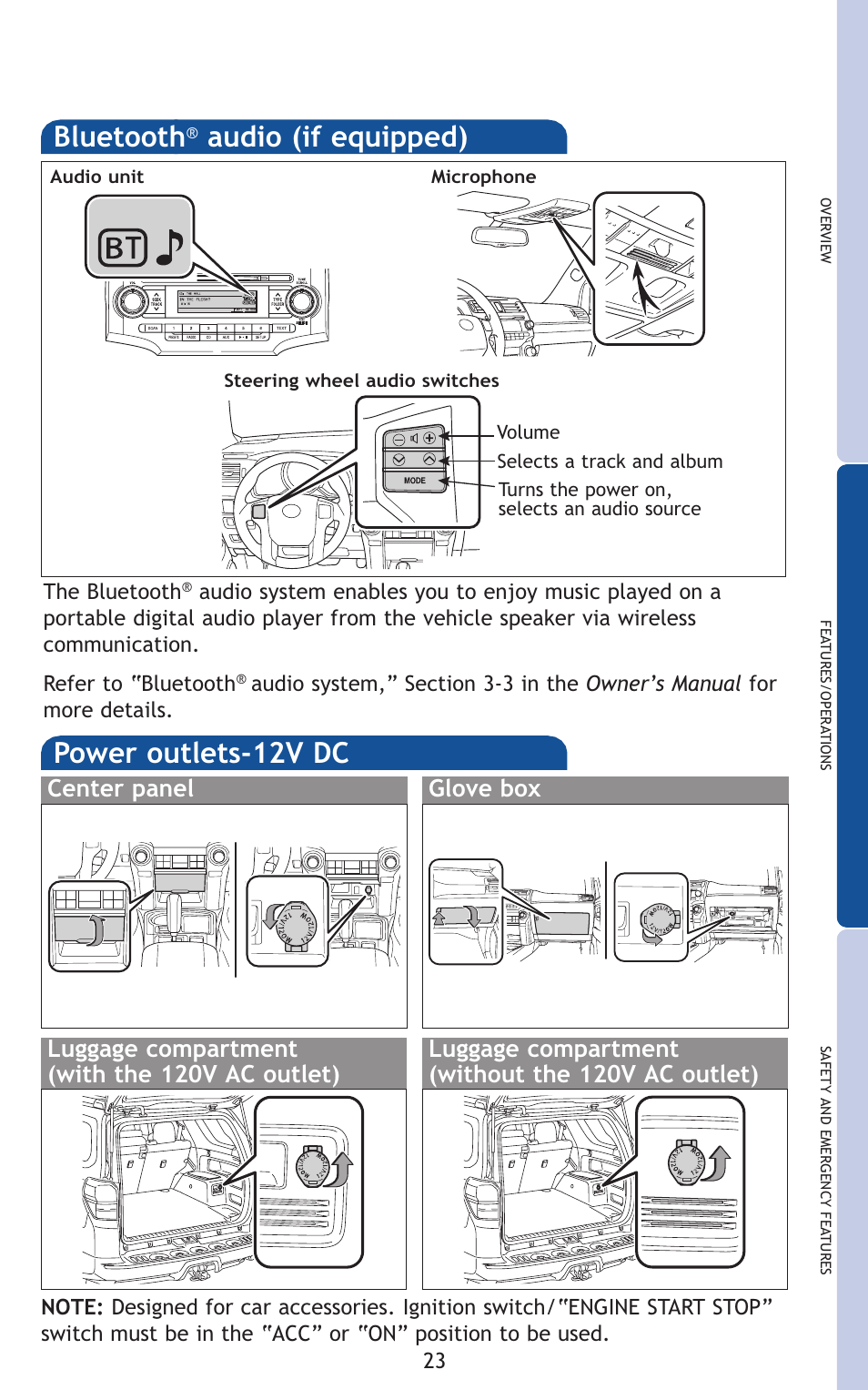 Bluetooth, Audio (if equipped), Power outlets-12v dc | TOYOTA 2011 4Runner User Manual | Page 53 / 697