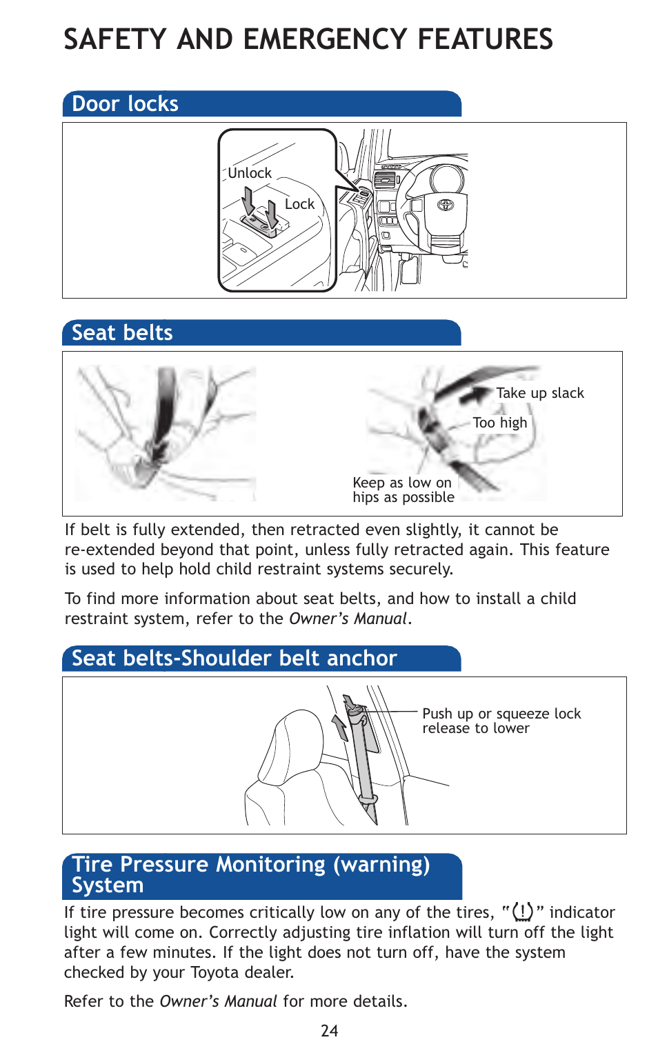 Safety and emergency features, Seat belts-shoulder belt anchor, Door locks | TOYOTA 2011 4Runner User Manual | Page 54 / 697