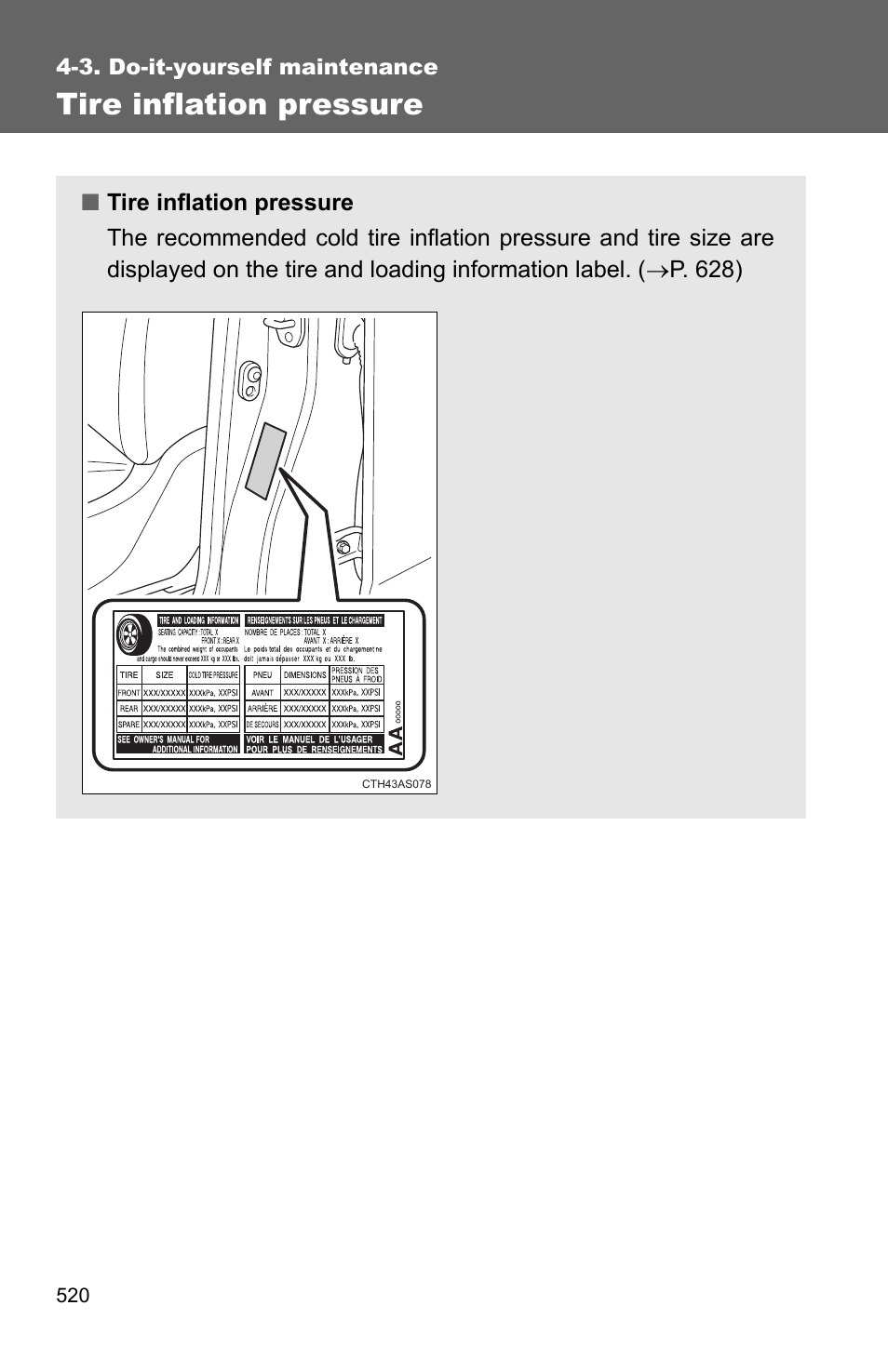 P. 520, Tire inflation pressure | TOYOTA 2011 4Runner User Manual | Page 541 / 697