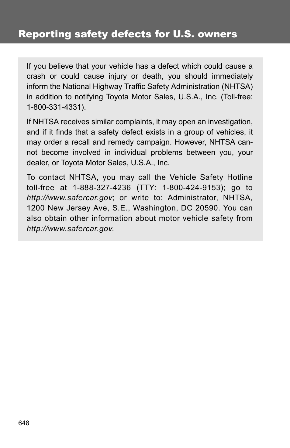 Safety, Reporting safety defects for u.s. owners | TOYOTA 2011 4Runner User Manual | Page 666 / 697