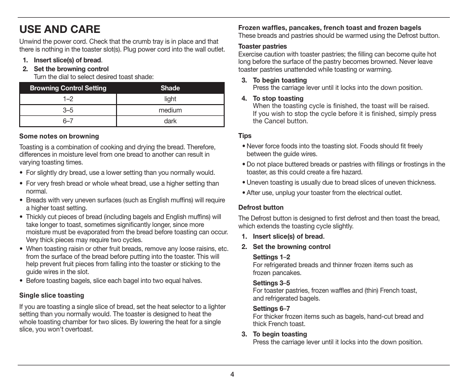 Use and care | Cuisinart Compact 2-Slice Toaster CPT-122 User Manual | Page 4 / 9