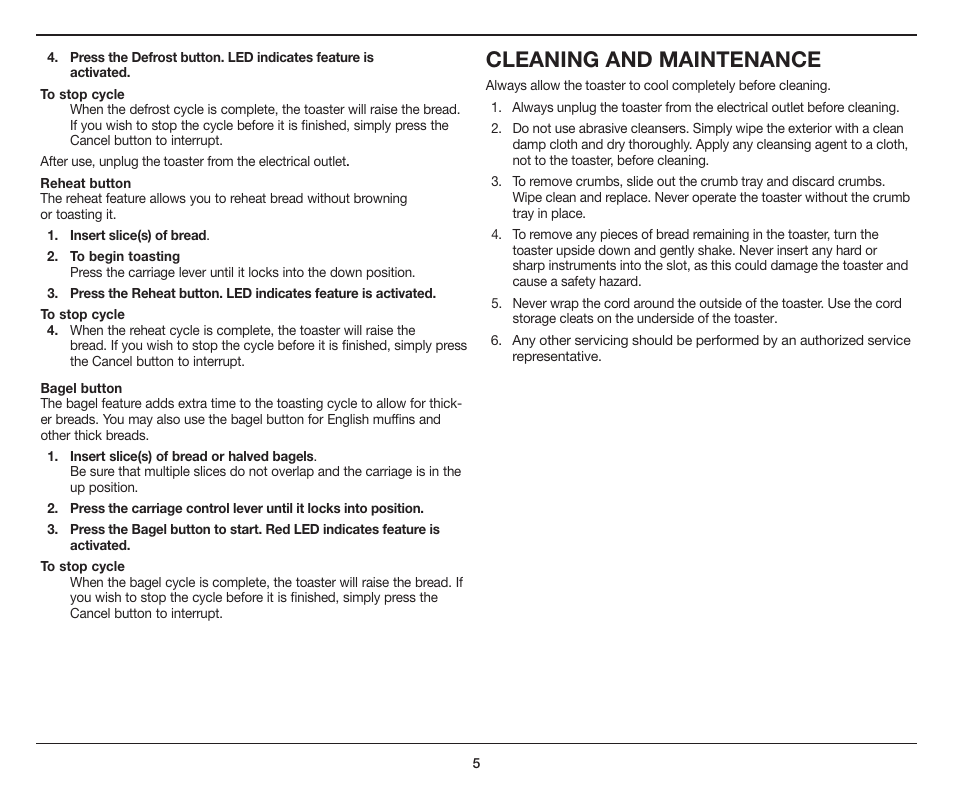 Cleaning and maintenance | Cuisinart Compact 2-Slice Toaster CPT-122 User Manual | Page 5 / 9