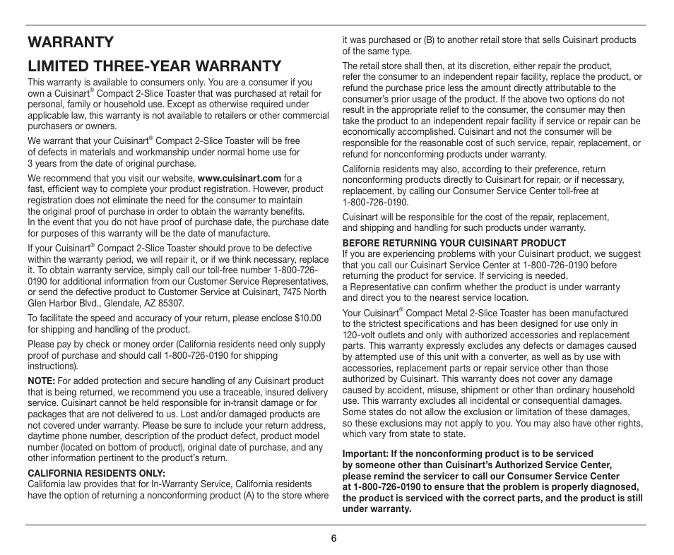 Warranty limited three-year warranty | Cuisinart Compact 2-Slice Toaster CPT-122 User Manual | Page 6 / 9