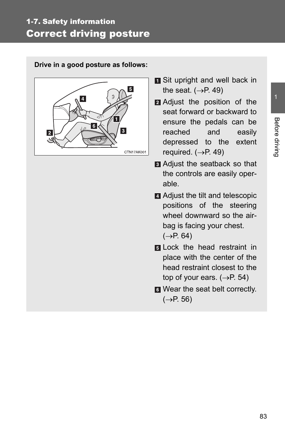 7. safety information, Correct driving posture | TOYOTA 2011 Corolla User Manual | Page 107 / 524