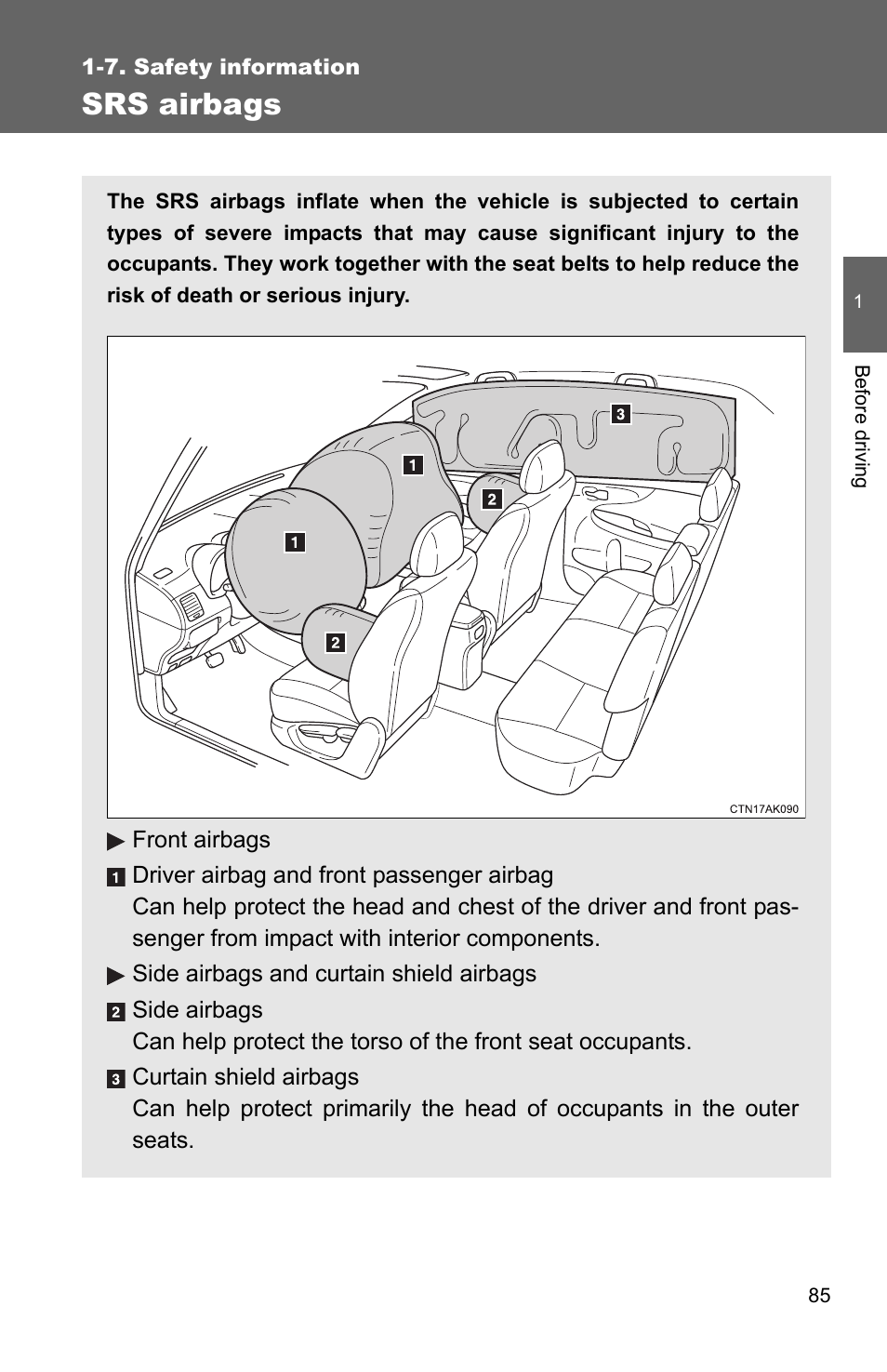 Srs airbags | TOYOTA 2011 Corolla User Manual | Page 109 / 524