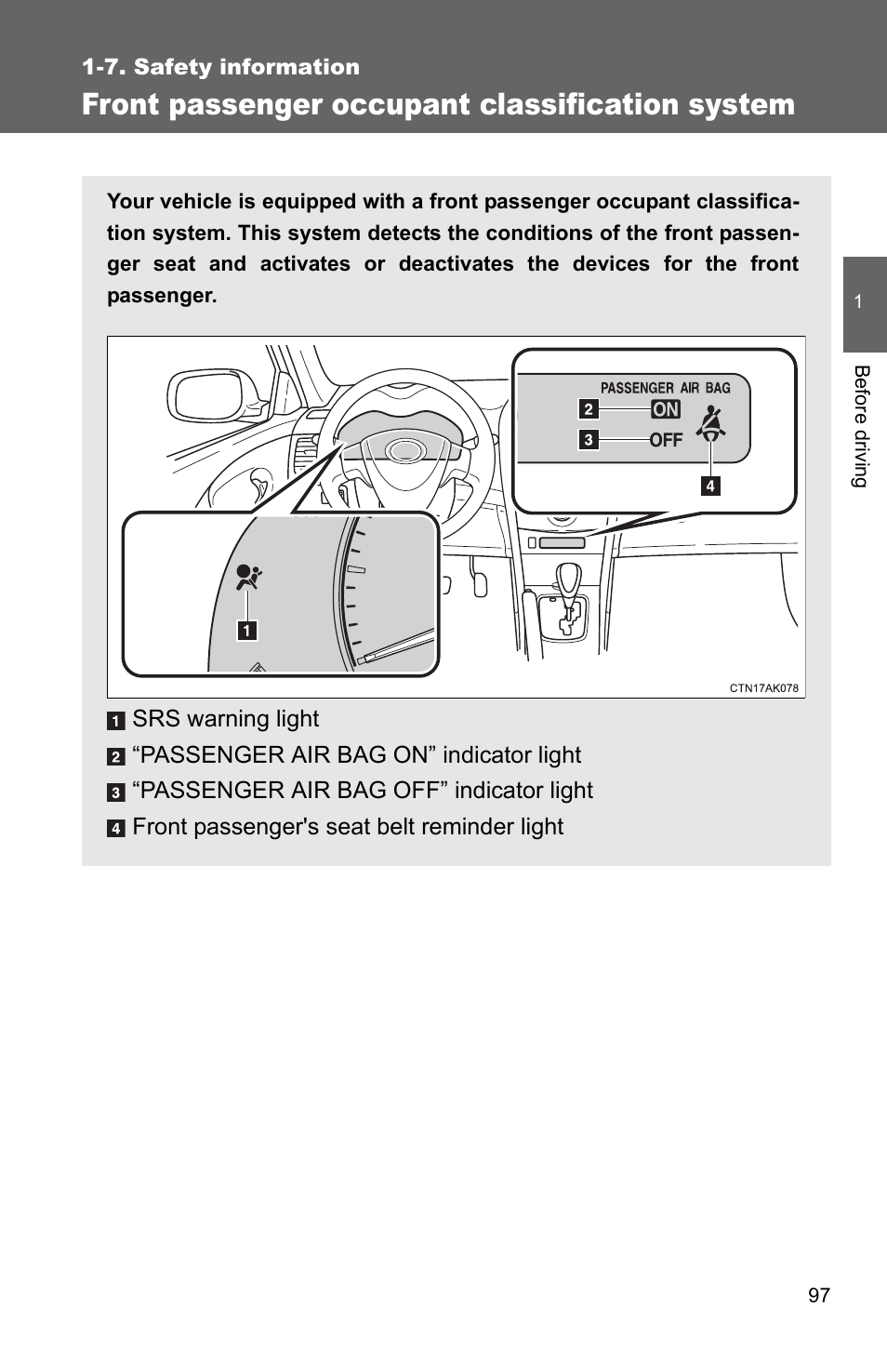 Front passenger occupant classification system | TOYOTA 2011 Corolla User Manual | Page 121 / 524