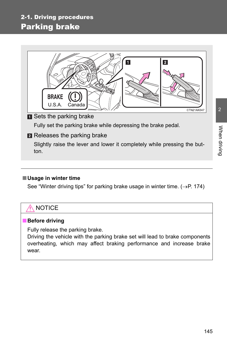 P. 145), Parking brake | TOYOTA 2011 Corolla User Manual | Page 168 / 524