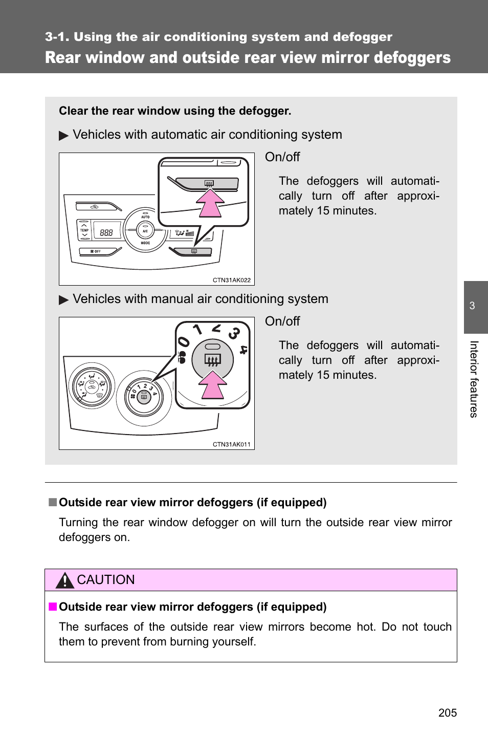 Rear window and outside rear view mirror defoggers | TOYOTA 2011 Corolla User Manual | Page 206 / 524