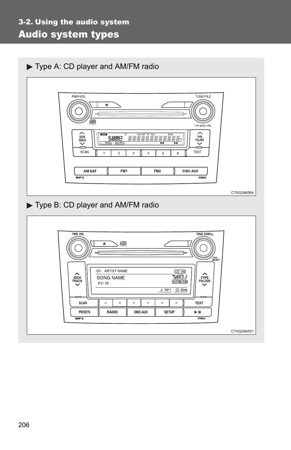 2. using the audio system, Audio system types | TOYOTA 2011 Corolla User Manual | Page 207 / 524