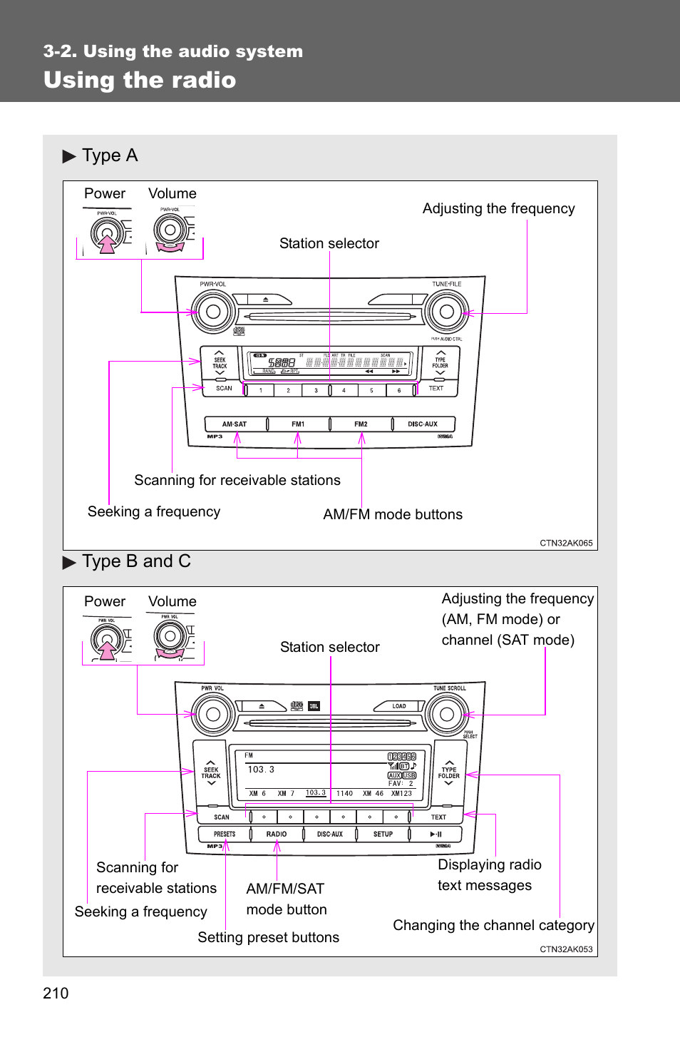 P. 210, Using the radio, Type a type b and c | TOYOTA 2011 Corolla User Manual | Page 211 / 524