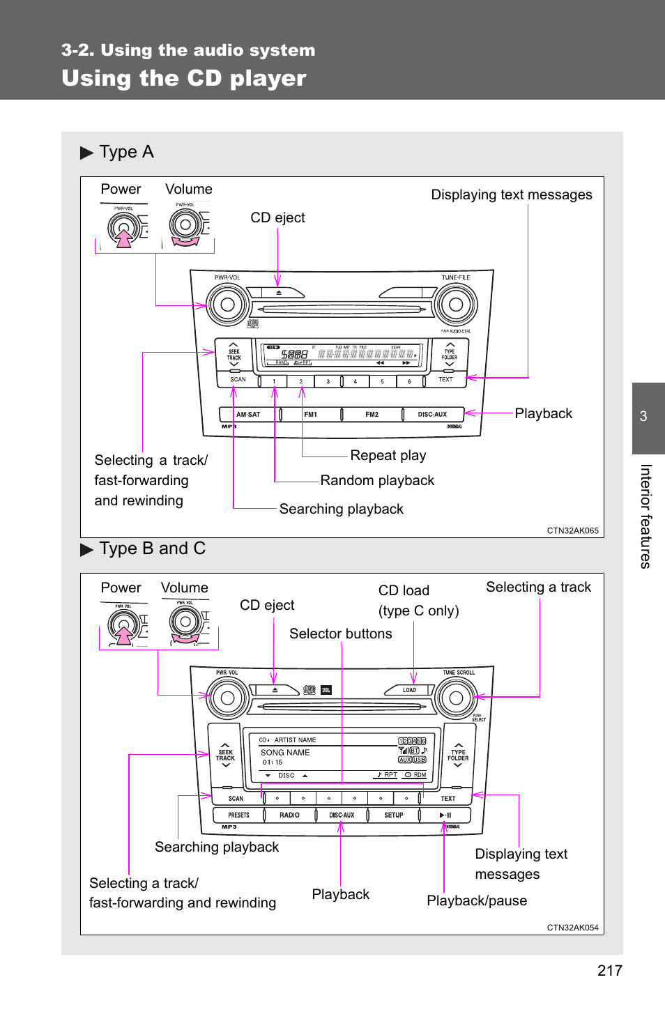 P. 217, Using the cd player, Type a type b and c | TOYOTA 2011 Corolla User Manual | Page 218 / 524