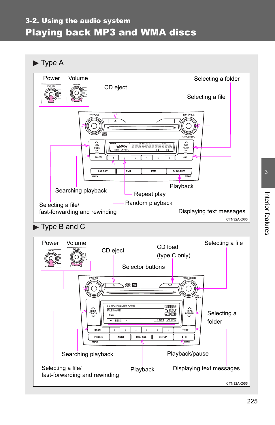 P. 225, Playing back mp3 and wma discs, Type a type b and c | TOYOTA 2011 Corolla User Manual | Page 226 / 524