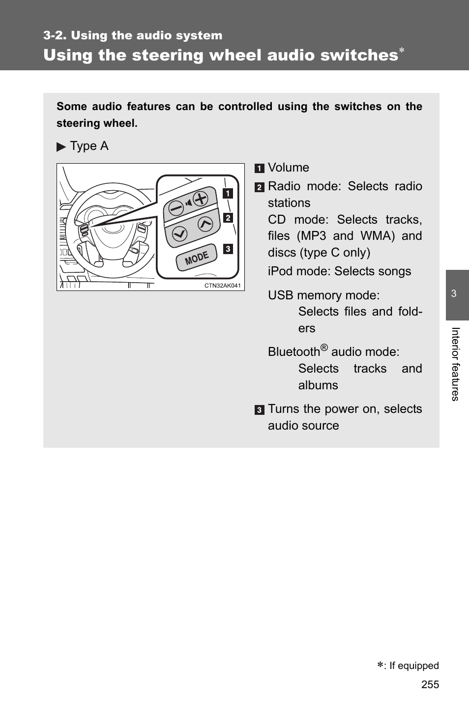 P. 255, Using the steering wheel audio switches | TOYOTA 2011 Corolla User Manual | Page 256 / 524