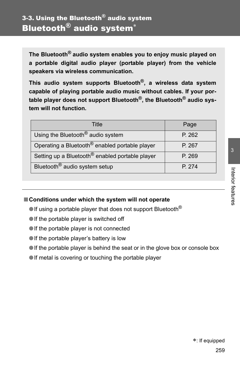 3. using the bluetooth® audio system, Bluetooth, Audio system | TOYOTA 2011 Corolla User Manual | Page 260 / 524