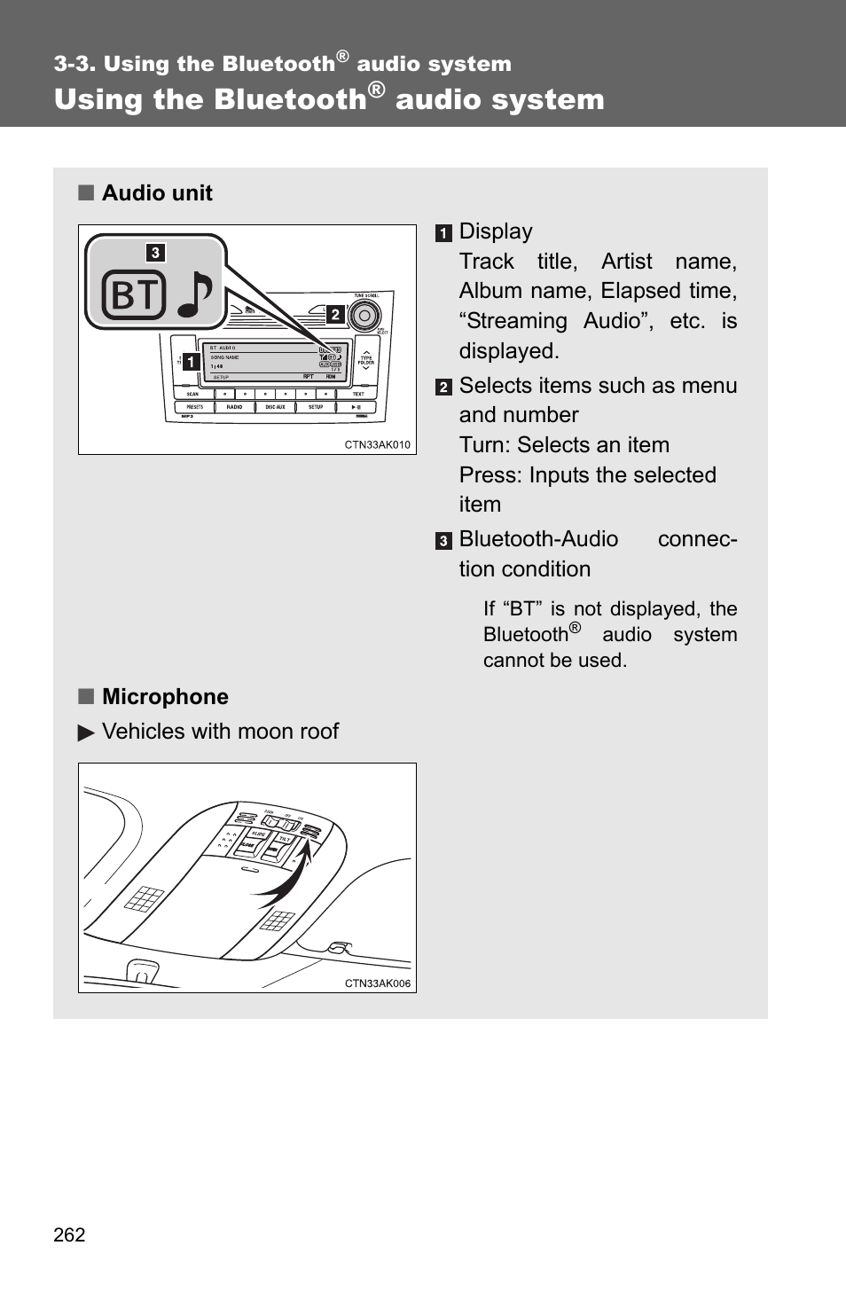 P. 262, Using the bluetooth, Audio system | TOYOTA 2011 Corolla User Manual | Page 263 / 524