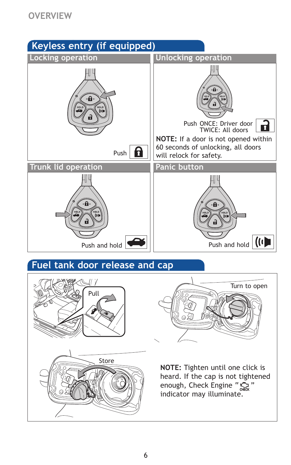 Keyless entry (if equipped), Fuel tank door release and cap, Overview | TOYOTA 2011 Corolla User Manual | Page 27 / 524