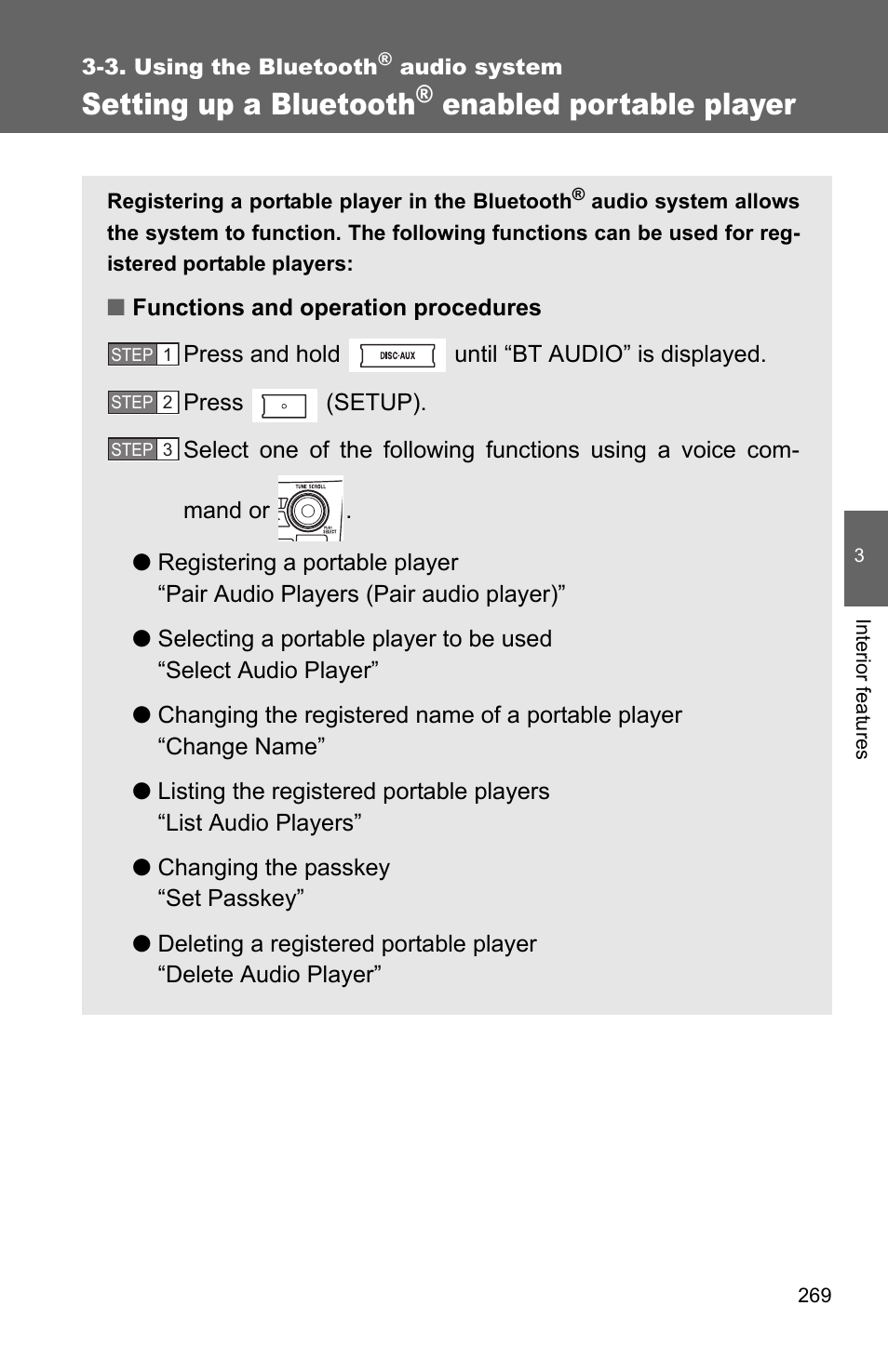 P. 269, Setting up a bluetooth, Enabled portable player | TOYOTA 2011 Corolla User Manual | Page 270 / 524