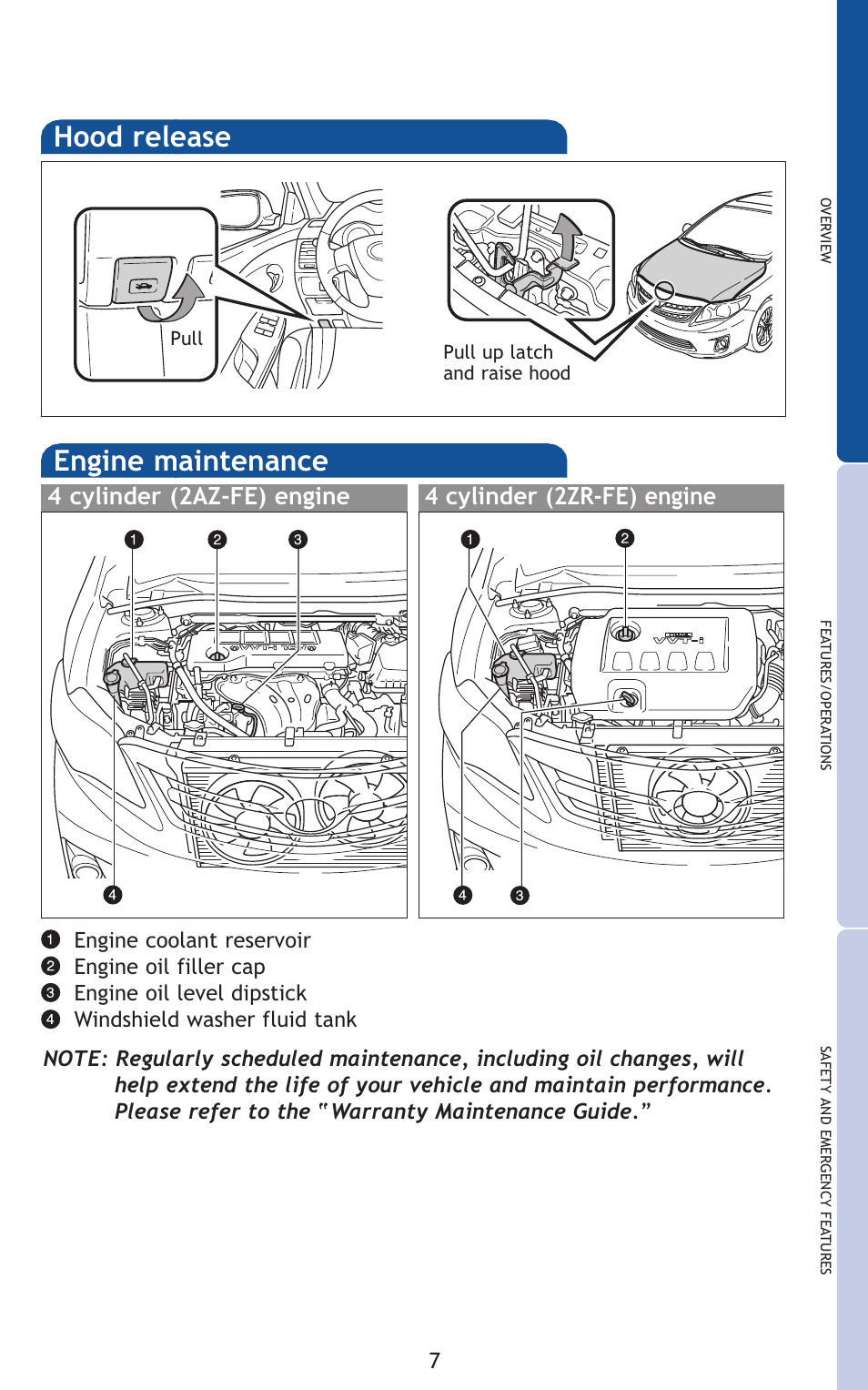 Hood release, Engine maintenance | TOYOTA 2011 Corolla User Manual | Page 28 / 524