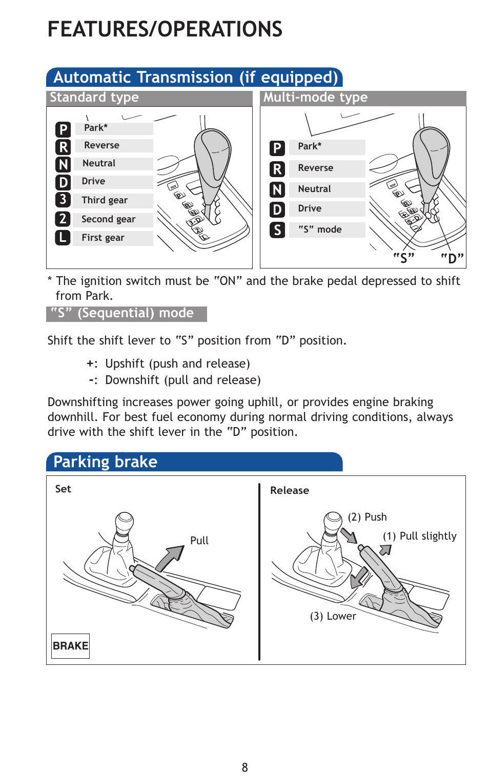 Features/operations, Automatic transmission (if equipped), Parking brake | TOYOTA 2011 Corolla User Manual | Page 29 / 524