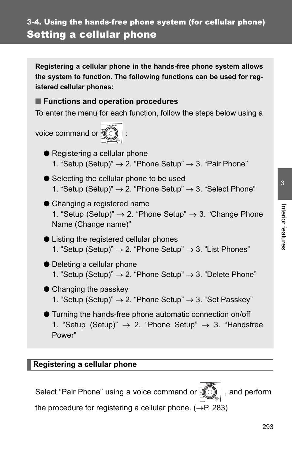 P. 293, Setting a cellular phone | TOYOTA 2011 Corolla User Manual | Page 294 / 524