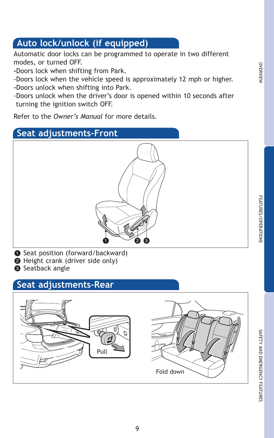 Auto lock/unlock (if equipped), Seat adjustments-rear seat adjustments-front | TOYOTA 2011 Corolla User Manual | Page 30 / 524