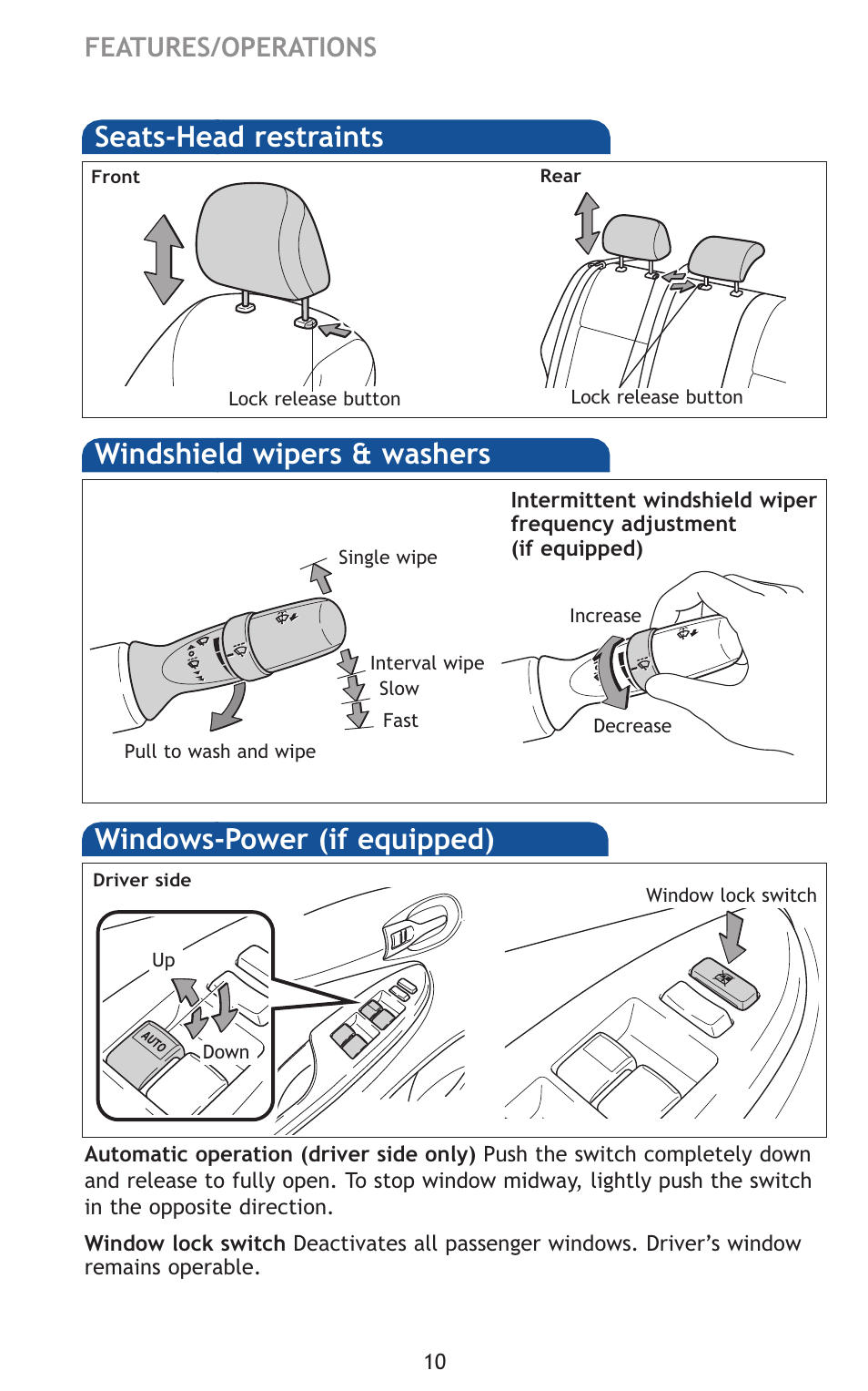 Seats-head restraints, Windshield wipers & washers, Windows-power (if equipped) | Features/operations | TOYOTA 2011 Corolla User Manual | Page 31 / 524