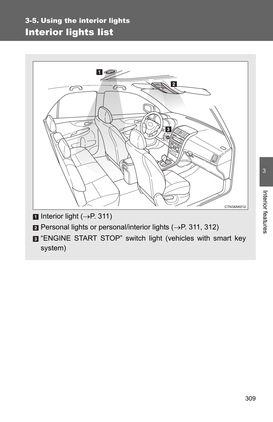 5. using the interior lights, Interior lights list | TOYOTA 2011 Corolla User Manual | Page 310 / 524