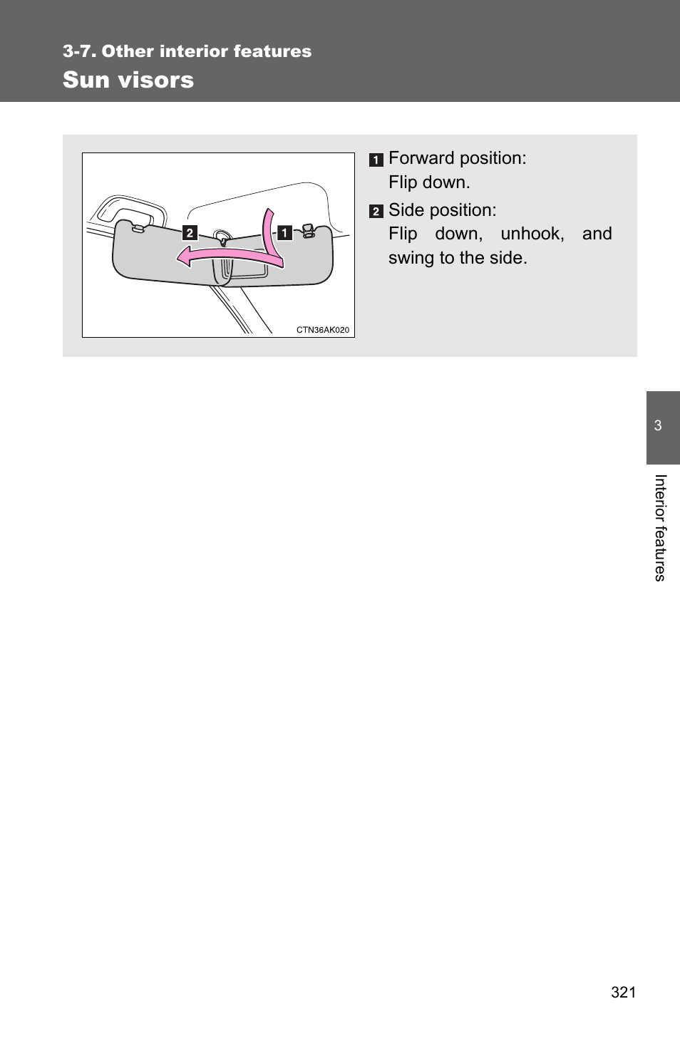 7. other interior features, Sun visors | TOYOTA 2011 Corolla User Manual | Page 322 / 524