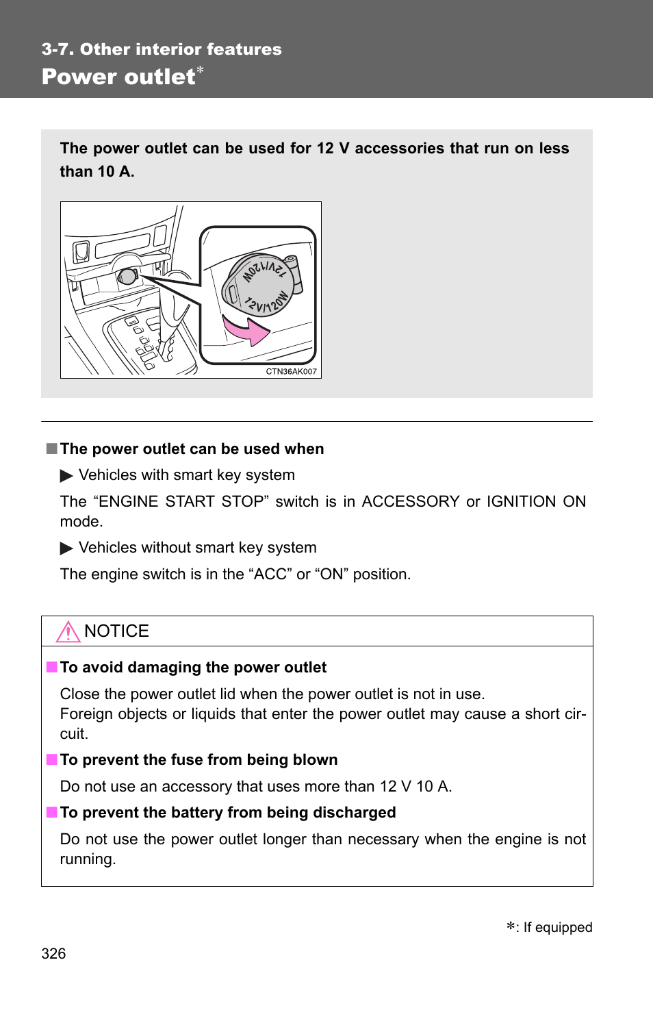 Power outlet | TOYOTA 2011 Corolla User Manual | Page 327 / 524