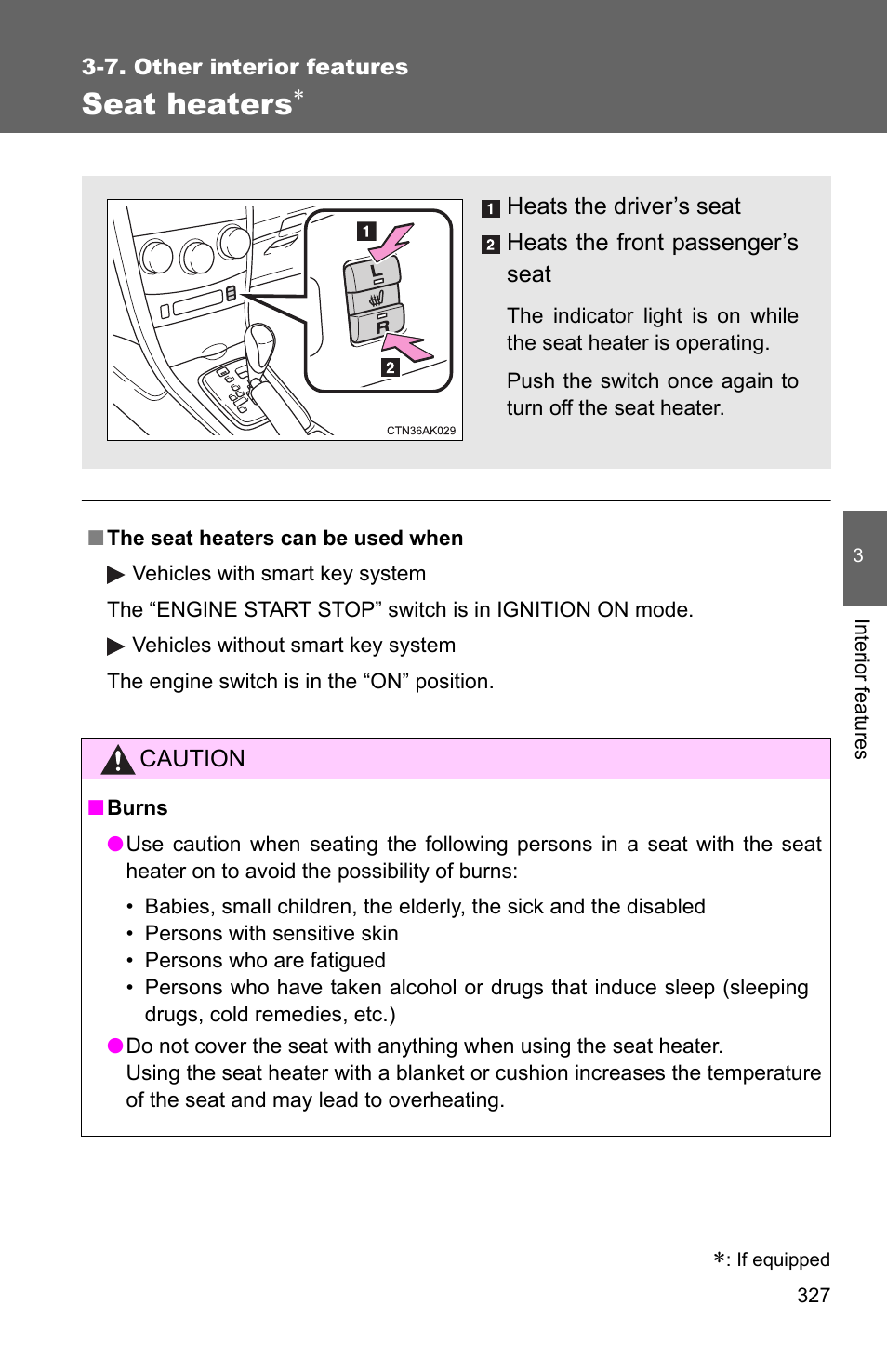 Seat heaters | TOYOTA 2011 Corolla User Manual | Page 328 / 524