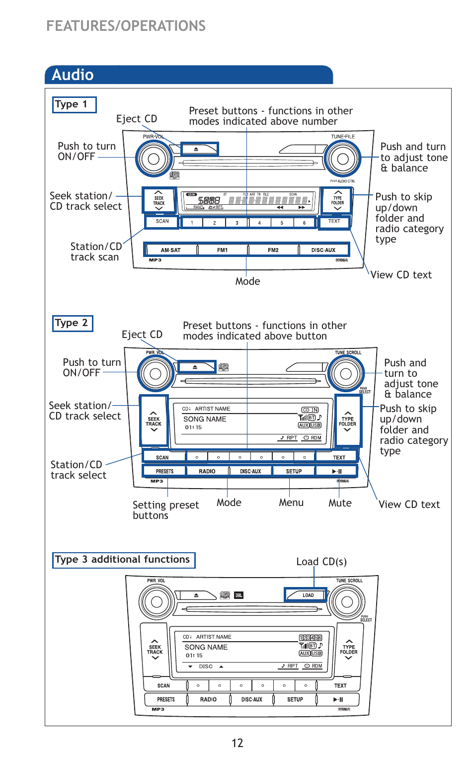 Audio, Features/operations | TOYOTA 2011 Corolla User Manual | Page 33 / 524