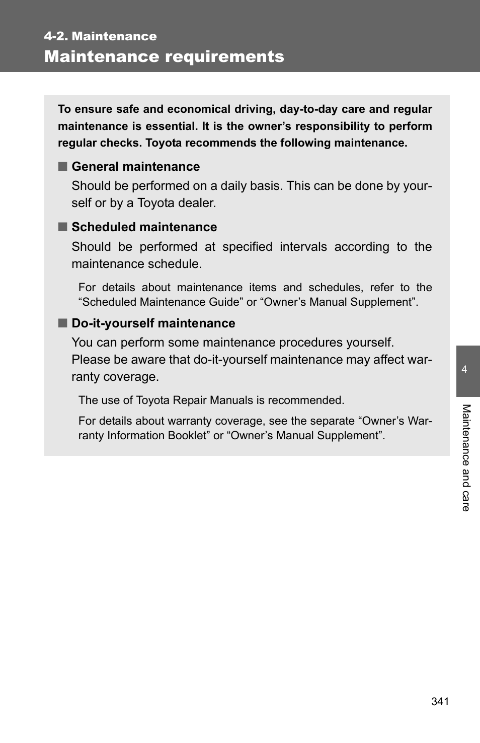 2. maintenance, Maintenance requirements | TOYOTA 2011 Corolla User Manual | Page 341 / 524