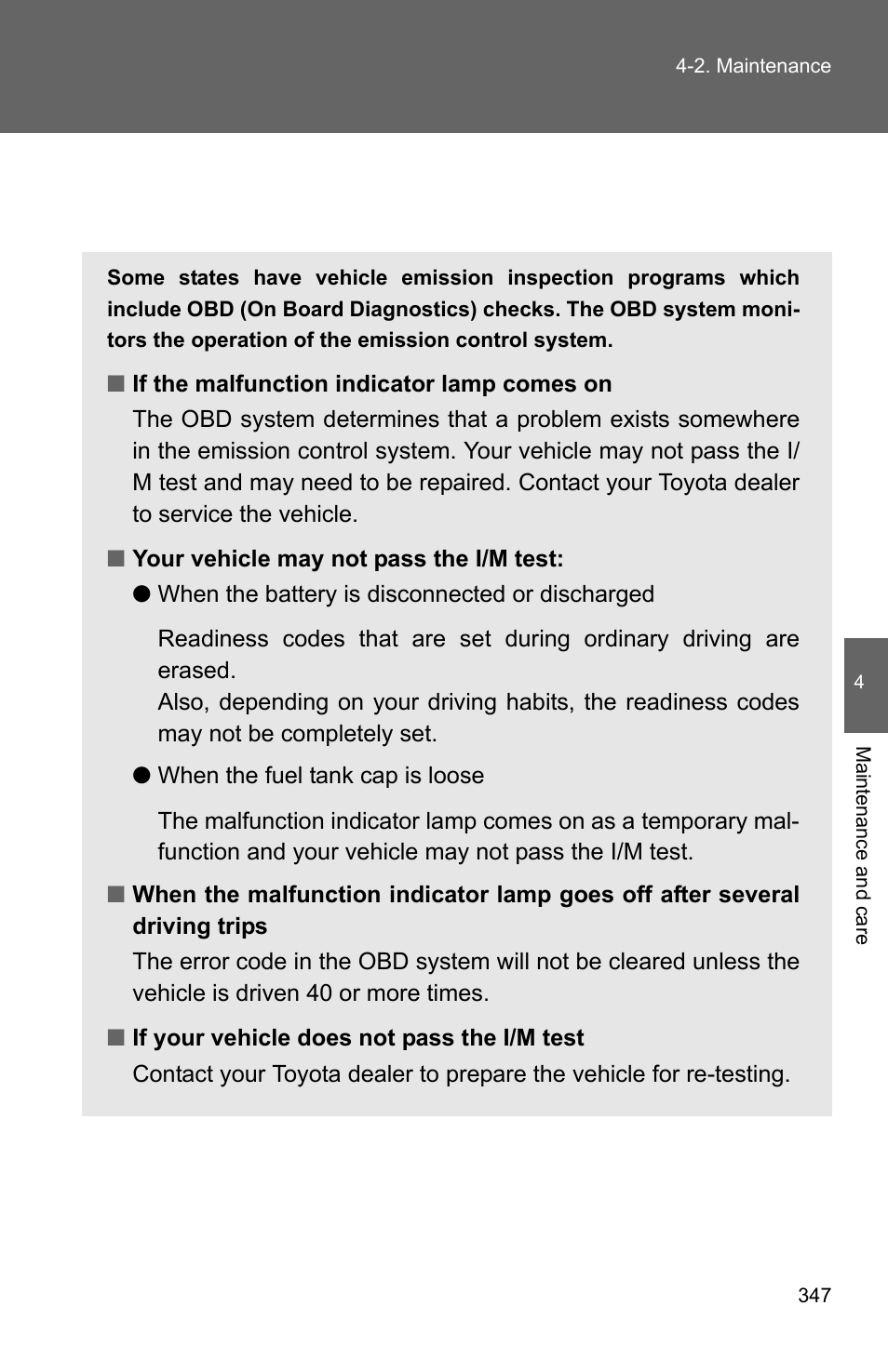 Emission inspection and maintenance (i/m) programs | TOYOTA 2011 Corolla User Manual | Page 347 / 524