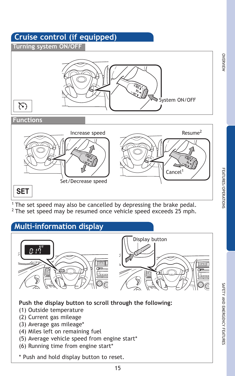 Cruise control (if equipped), Multi-information display, Functions | Turning system on/off | TOYOTA 2011 Corolla User Manual | Page 36 / 524