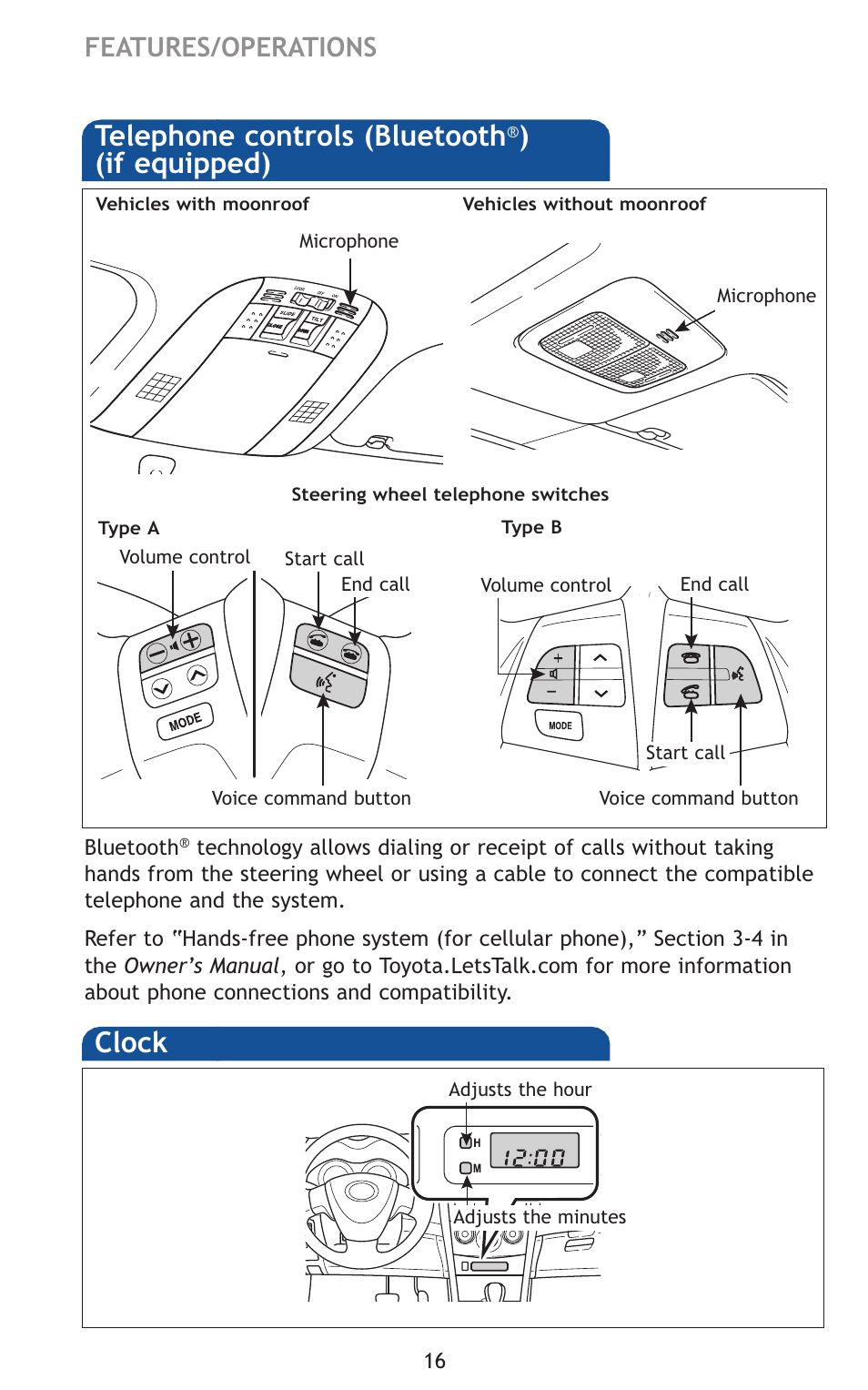 Telephone controls (bluetooth, If equipped), Clock | Features/operations | TOYOTA 2011 Corolla User Manual | Page 37 / 524