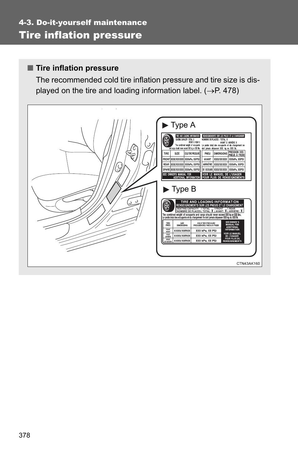 P. 378), Tire inflation pressure | TOYOTA 2011 Corolla User Manual | Page 379 / 524