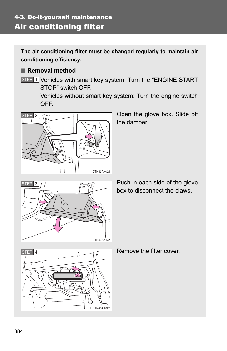 Air conditioning filter | TOYOTA 2011 Corolla User Manual | Page 385 / 524