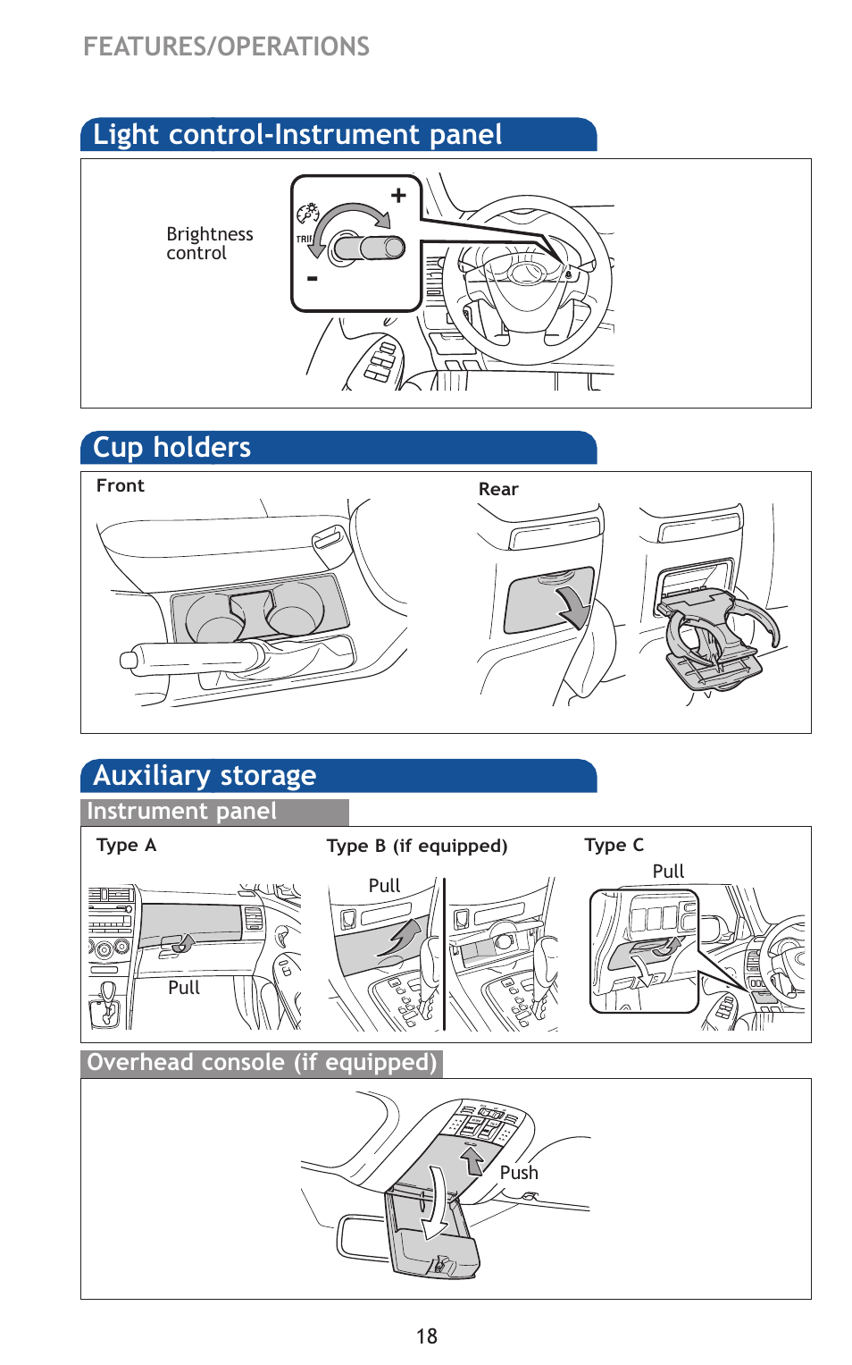 Cup holders, Auxiliary storage, Light control-instrument panel | TOYOTA 2011 Corolla User Manual | Page 39 / 524