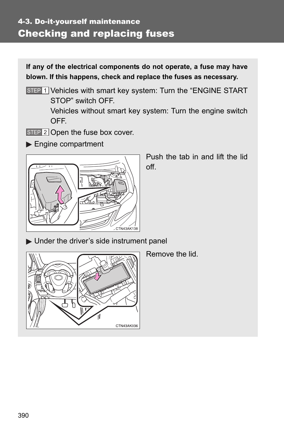 P. 390), P. 390, Checking and replacing fuses | TOYOTA 2011 Corolla User Manual | Page 391 / 524
