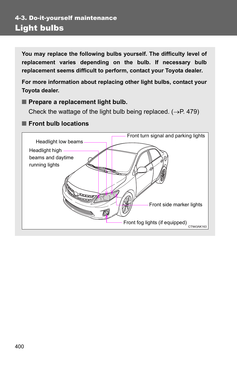 Light bulbs | TOYOTA 2011 Corolla User Manual | Page 401 / 524