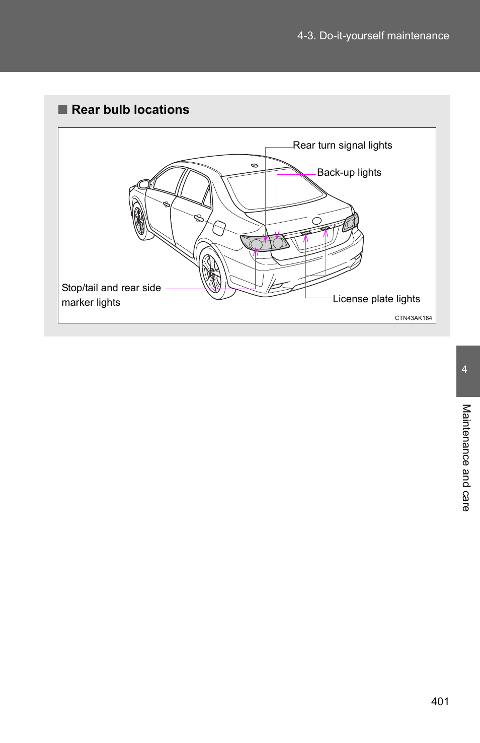 Rear bulb locations | TOYOTA 2011 Corolla User Manual | Page 402 / 524