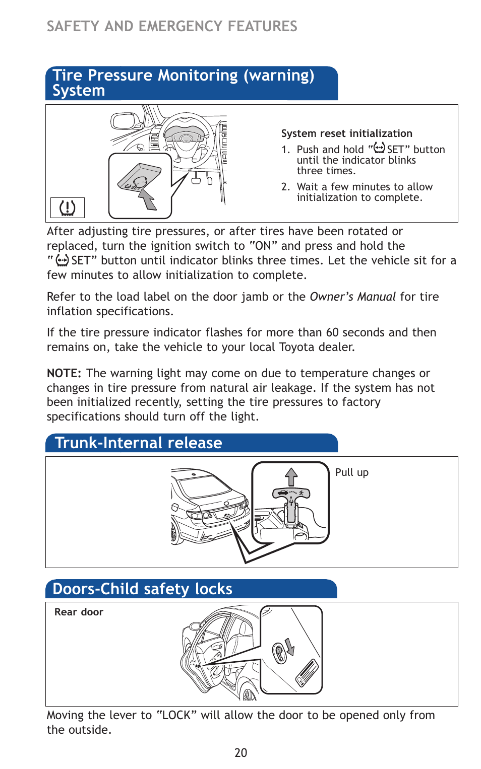 Trunk-internal release, Safety and emergency features | TOYOTA 2011 Corolla User Manual | Page 41 / 524