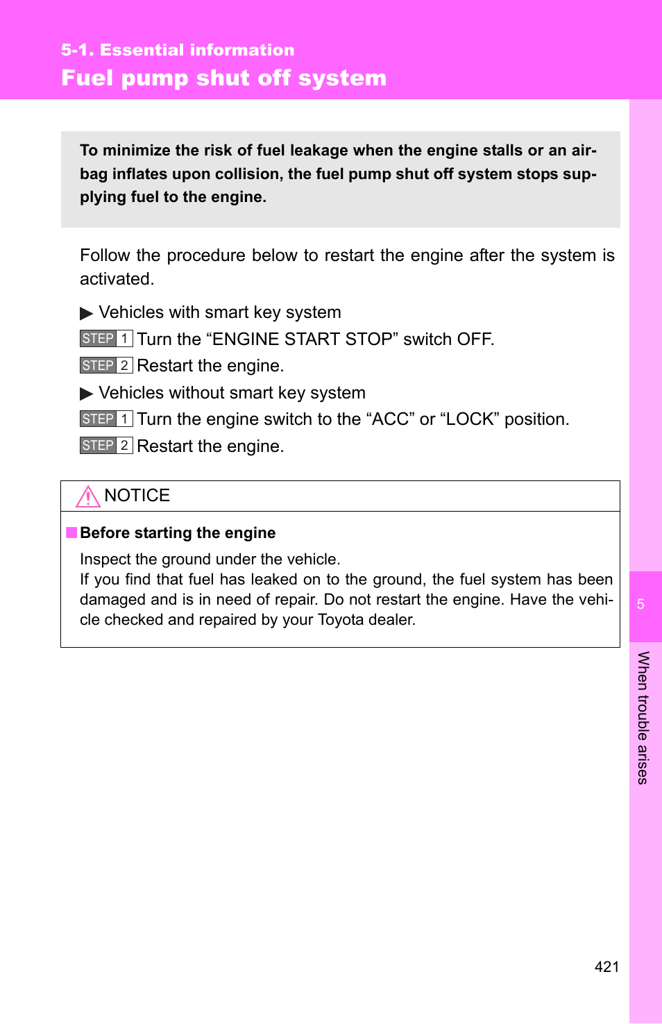 Fuel pump shut off system | TOYOTA 2011 Corolla User Manual | Page 421 / 524